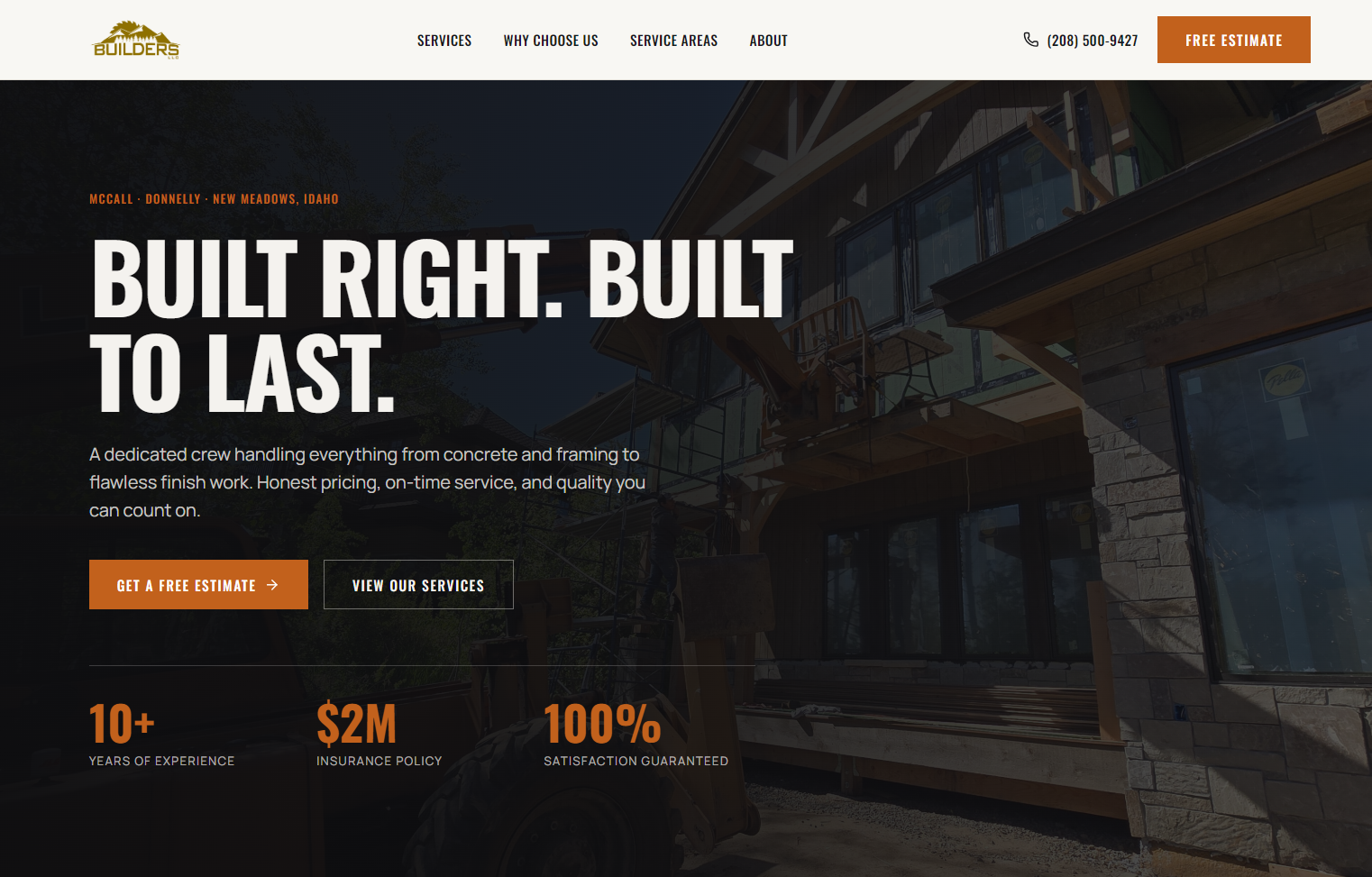 Builders LLC website homepage with a mountain construction project and the headline Built Right, Built to Last
