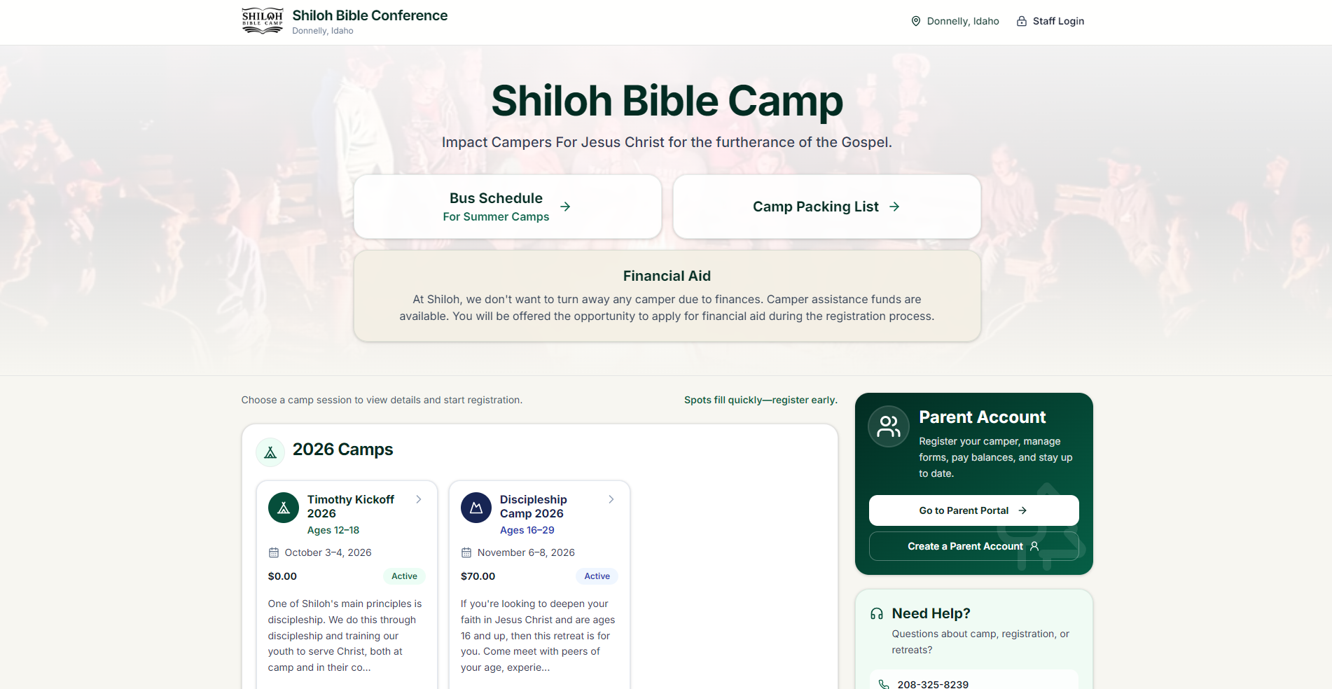 Shiloh Bible Camp registration app showing camp sessions, parent accounts, and financial aid information