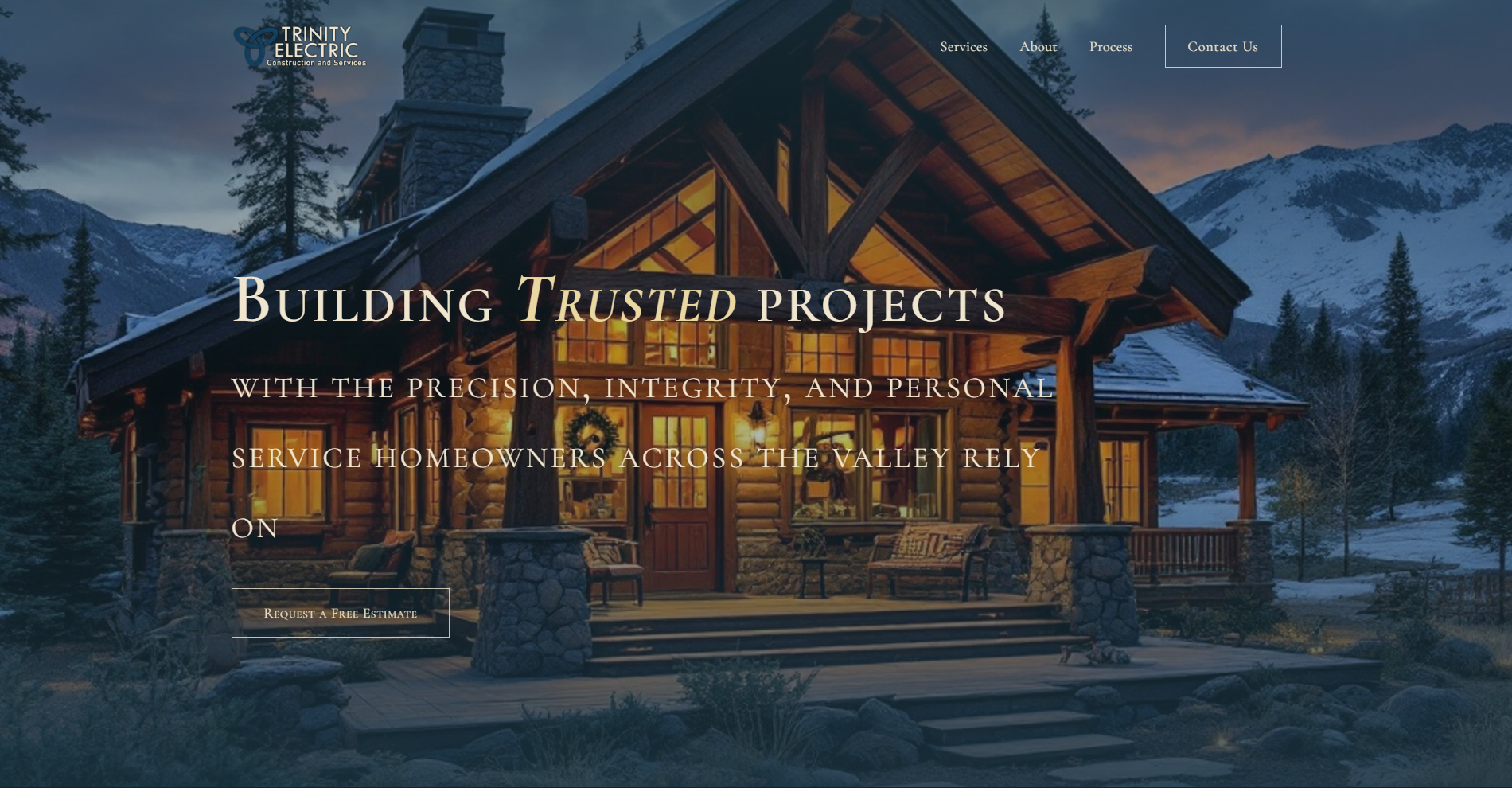 Trinity Electric website homepage featuring a mountain lodge and the headline Building Trusted Projects